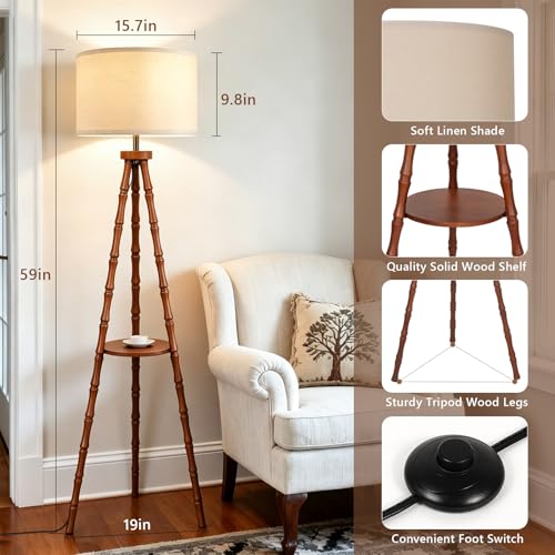 Image of LAMSU Solid Wood Tripod Floor Lamp with Shelf, Mid Century Bobbin Standing Lamp with Fabric Shade and Foot Switch, Retro Farmhouse Tall Corner Lamps for Living Room Bedroom Office Reading, Brown
