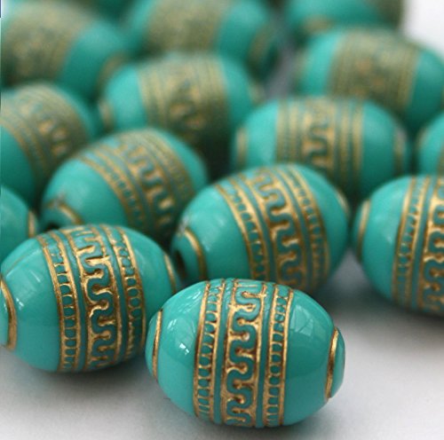 20 x Turquoise & Gold Metal Enlaced Acrylic Beads 9 x 13mm