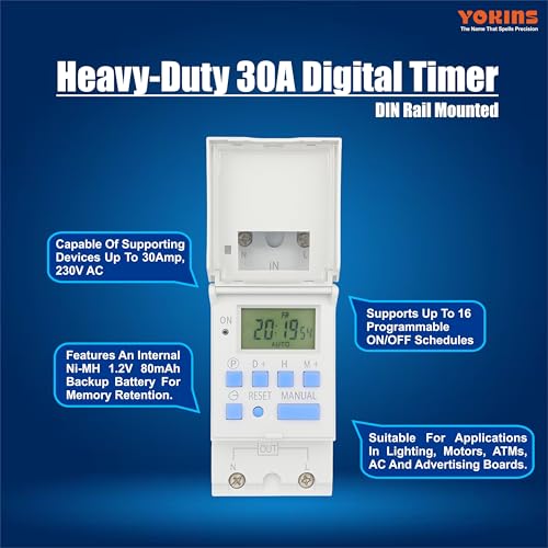 Image of YOKINS YD-TSR30 Digital Timer Switch 30A 230V AC | 7-Day Programmable Time Switch with 16 ON /Off Settings | Built-in Battery Backup | DIN Rail Mounted | Street Light Timer Controller