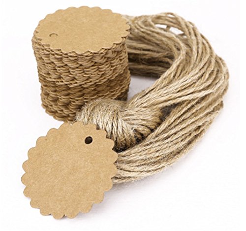 Beauty DIY Mart 100 Pcs Etiquetas de Papel Kraft Tarjetas Decorativas en Blanco de Regalo Accesorios Prácticos con 2M Cuerda para Boda, Fiesta, Cumpleaños y Álbumes, 3