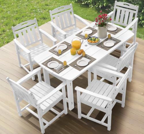 Image of Ciokea HDPE Outdoor Dining Set of 6, Patio Table and Chairs Sets, White