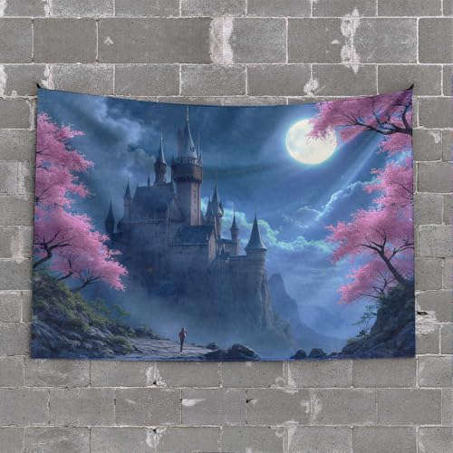 Garage Accessories for Man Cave Mystical Castle Under The Full Moon Tapestry Aesthetic Decor Vintage Bar Decor(75X100CM)