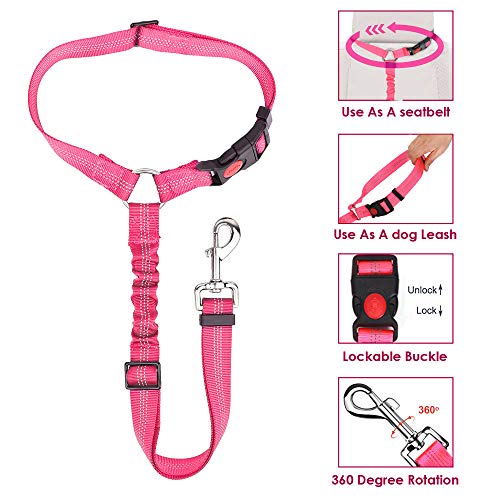 Lukovee Dog Car Seat Belt, 2 Pack Headrest Restraint Seatbelt, Adjustable Pet Safety Leads With Reflective Elastic Bungee For Dog Harness Collar Travel Daily Use (Fluorescent Pink,Headrest) #TOP2