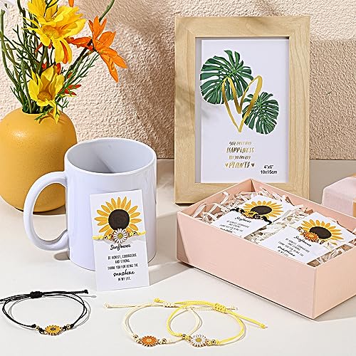 Huquary 36 Set Inspirational Gifts Bulk Sunflower Bracelets for Women Handmade Sunflower Bracelets with Thank You Cards for Friendship Women Coworker Sunshine Party Favors4