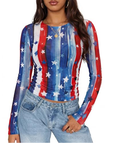 Image of MOUSYA Sheer Tops for Women Mesh Long Sleeve Top See Through Sexy Going Out Tee Summer Crewneck Party Undershirt