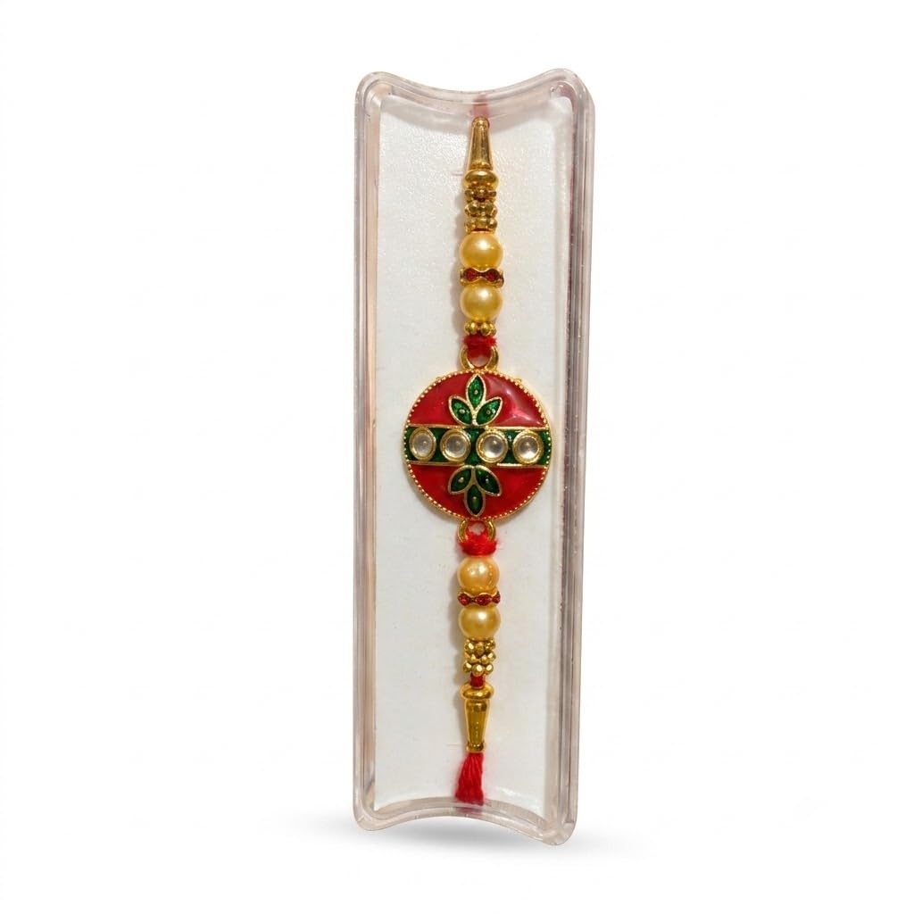 traditional meenakari kundan rakhi for brother - designer red & green floral centerpiece rakhi thread with pearl beads & gold accents for rakshabandhan celebration