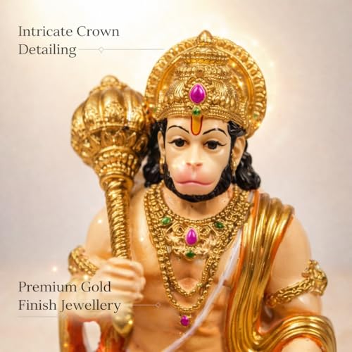 Image of Virajman Hanuman Ji Idol Sitting on Tail | Ravana Sabha Pose | Hanuman Murti for Car Dashboard, Home Temple & Office Decor, Housewarming, Vastu | 3.8 Inches | Multicolour