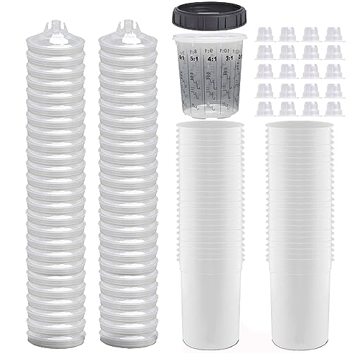 Image of MDH Disposable Paint Spary Gun Cup Set w / 50 Cups and Lids System / 20 Plugs /1 Hard Cup w /Retainer Ring for use Disposable Paint Spary Gun Cup Liners & Lid System (20 Ounce Cup Kit (600ml))