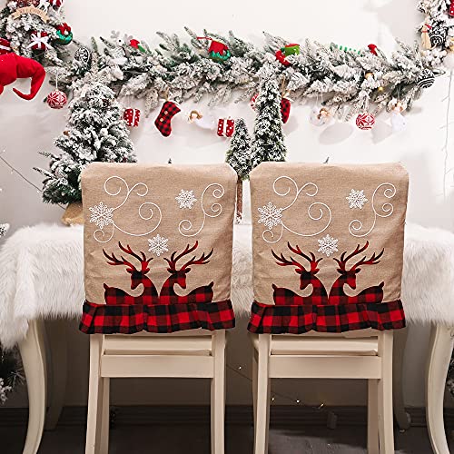 XhuangTech Lot de 2 housses de chaise de Noël pour dossier de chaise de salle à manger Motif élan avec flocons de neige Cover