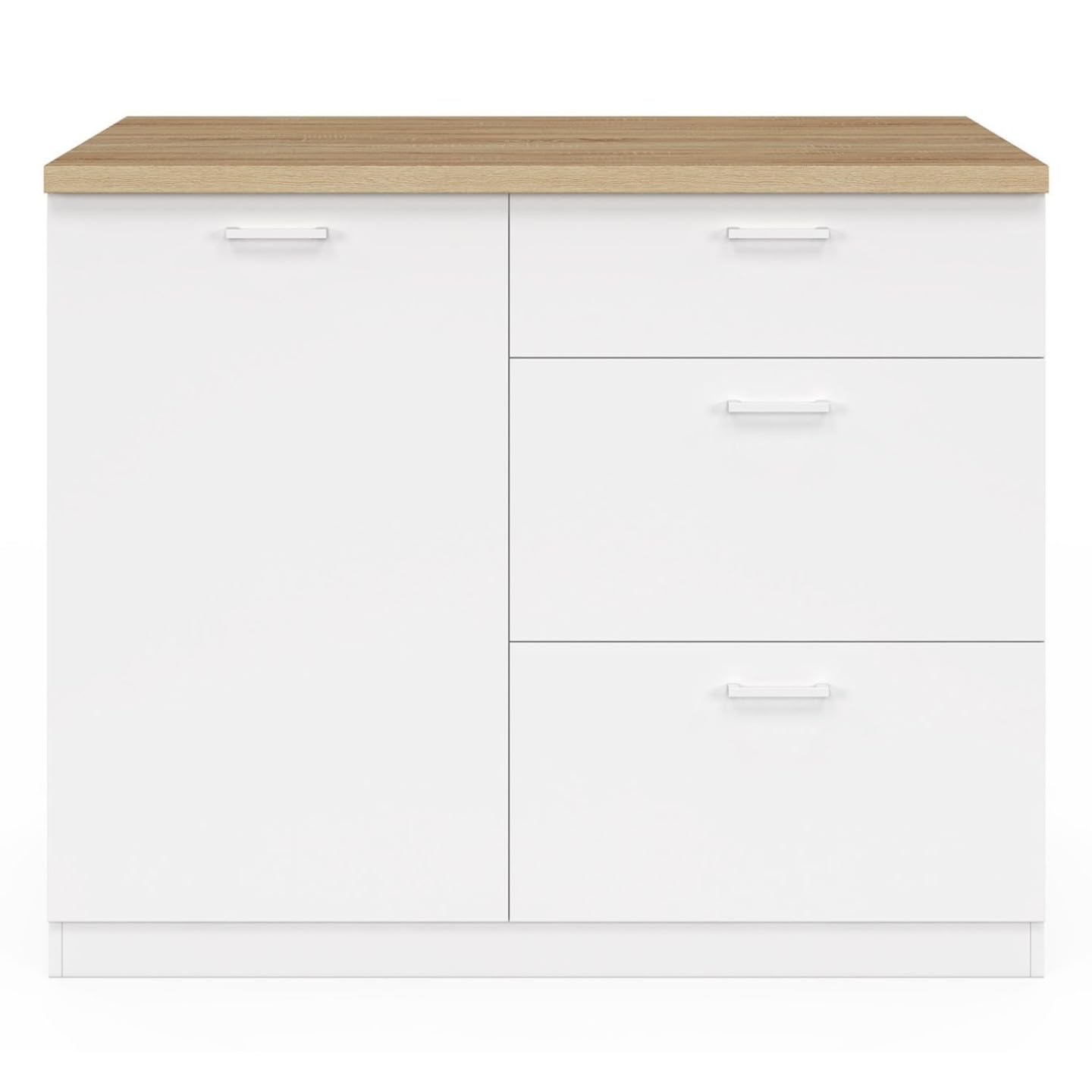 IDMarket - Ilot Central TIBO 110 cm casserolier 3 tiroirs Bois Blanc avec Plan de Travail façon hêtre