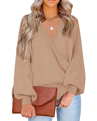 Image of LookbookStore Women's Knit Long Sleeve Faux Wrap Surplice V Neck Sweater Top