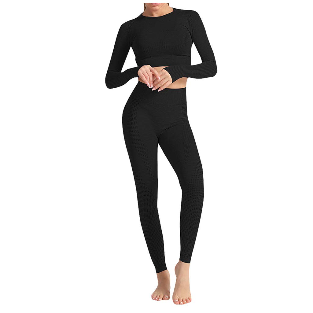 Women's Workout Outfit 2 Pieces Long Sleeve Solid Color Crop Tops Slim Yoga Pants Leggings Sport Clothes Sleepwear Set
