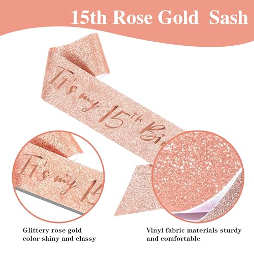Image of 15th Birthday Decorations for Girls,Banner,Backdrop, it's my 15th Birthday Sash, Sweet Rhinestone Tiara Crown,Balloons