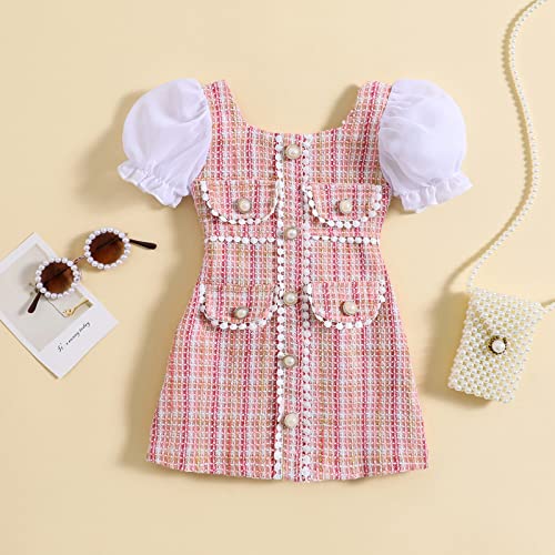 Toddler Baby Girls Tweed Plaid Dress Square Neck Puff Short Sleeve Fake Pockets Elegant Party Clothes2