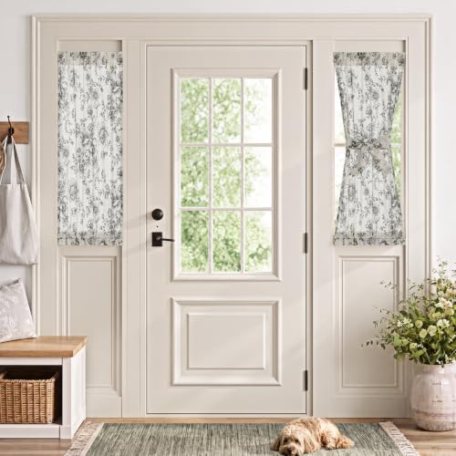 Image of jinchan Floral Sidelight Curtains for Front Door, 26x40, 2 Panels | 25% linen blend, black floral print, light filtering, rod pocket, tiebacks, washable, for front door sidelights