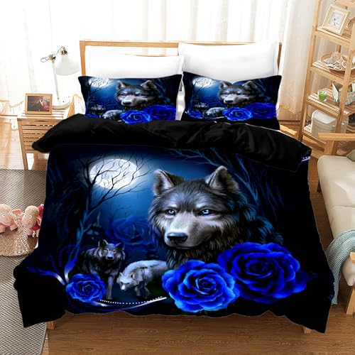 UGZDEA Set de Linge de lit Loup 135x200cm, 3D Animaux série Loups Rose Print Set de Linge de lit, Douce Microfibre Courtepointe Ensemble pour la décoration de Chambre...