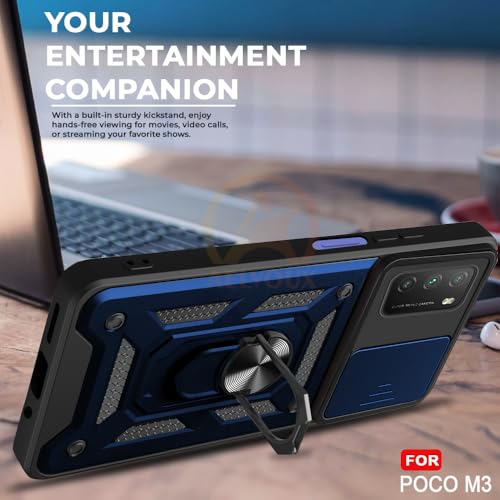 Image of AESTMO Tough Armor Poco M3 / Redmi 9 Power Bumper Back Case Cover | Ring Holder & Sliding Camera Shield Cover | 360 Degree Protection Back Case Cover for Poco M3 / Redmi 9 Power (Blue)