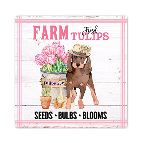 Tableau bois Doberman tulipes roses cadeau pendaison de crémaillère