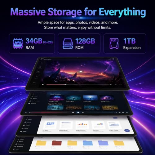 Image of Android 16 Tablet with Octa-Core, 34GB RAM 128GB ROM 1TB Expand, Tablet 10 inch 1280x800 IPS Touchscreen, 6000mAh Battery, WiFi 6 BT 5.4, Dual Cameras, Black