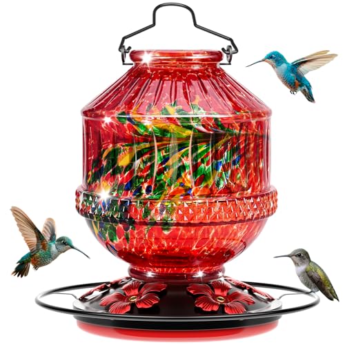 Blown Glass Hummingbird Feeders for Outdoors, 25 Ounces Wild Bird Nectar Feeder with Perch & 5 Flower Feeding Ports Leak Proof Hanging for Garden Backyard Decor, Gifts for Women Mom, Red