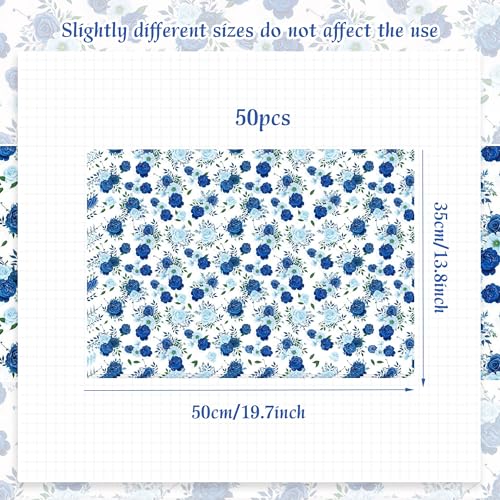 LaVenty 50PCS Blaues Blumen Seidenpapier Blaues Blumen Geschenkpapier Blumenverpackung mit Muster für Babyparty Geburtstag Hochzeit Brautparty Partydekoration