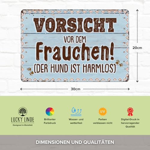 30 x 20 cm – Wetterfestes Hundeschild, Hunde Deko Schild, Lustiger Spruch für Hundebesitzer (Vorsicht vor dem Frauchen – der Hund ist harmlos!)