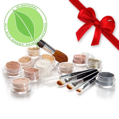 All Natural Mineral Makeup, Eye Shadow, Blush Sample Kit (Dark Medium Shade) with 5 piece Black Brush Kit by IQ Natural by IQ Natural