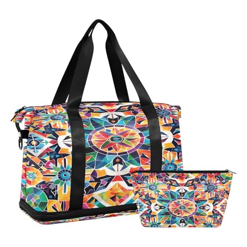 Geometric Flowers Pattern Gym Bag for Women Sport Travel Duffel Bag Shoulder Weekender Overnight Bags with Wet Pocket & Shoe Compartment