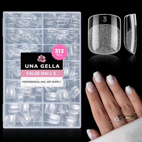 Image of UNA GELLA 312Pcs Extra Short Squoval Nail Tips, Square Pre-Etched Half Matte Soft Gel Nail Tips Square Full Cover, No File Needed Clear Squoval Acrylic False Nails for DIY Nail Art Extension 12 Sizes