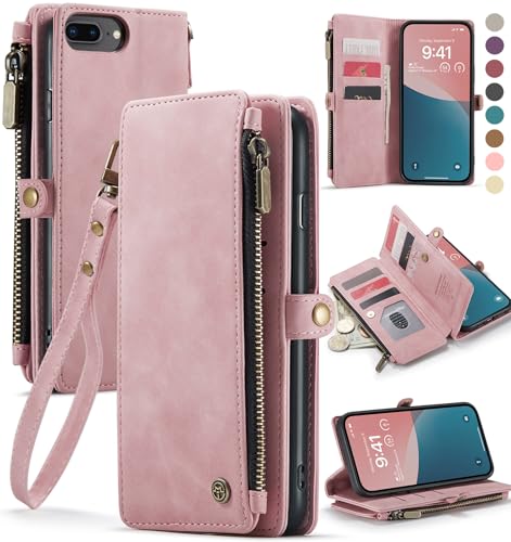 Defencase Compatible with iPhone 8 Plus/ 7 Plus Case Wallet with Card Holder for Women Men PU Leather Magnetic Snap Flip Zipper Strap Phone Cover Rose Pink