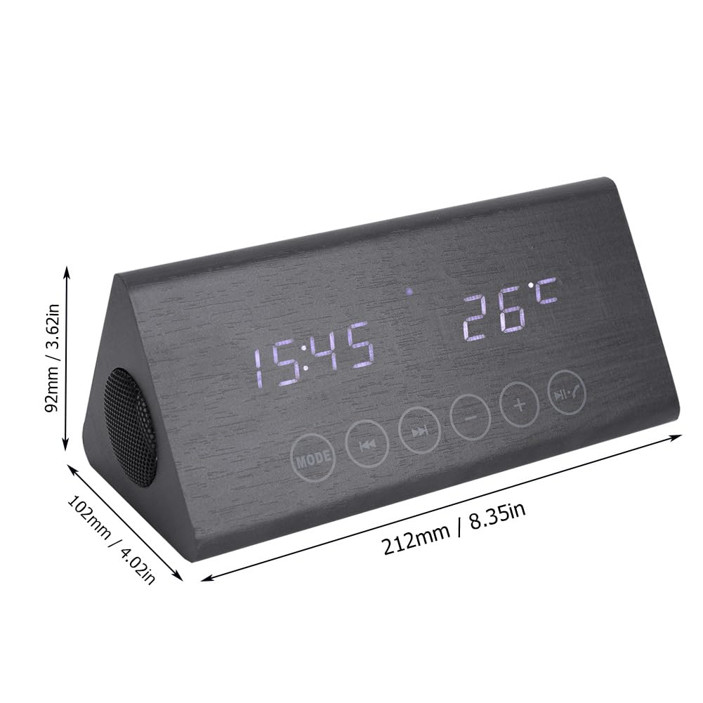 Despertador con Altavoz Bluetooth, Pantalla LED Digital, Termómetro, Radio FM, 5 Alarmas Musicales, para Uso en el Dormitorio de la Oficina en casa (Madera Negra y Letras Blancas.)