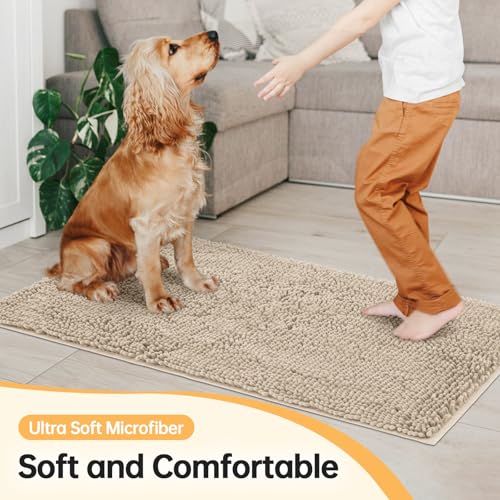 Image of Absorbent Dog Door Mat for Muddy Paws, 72 inch x 24 inch Chenille Indoor Mats for Entryway, Trap Dirt Front Door Mat Indoor Entrance Washable Non Slip Soft Beige
