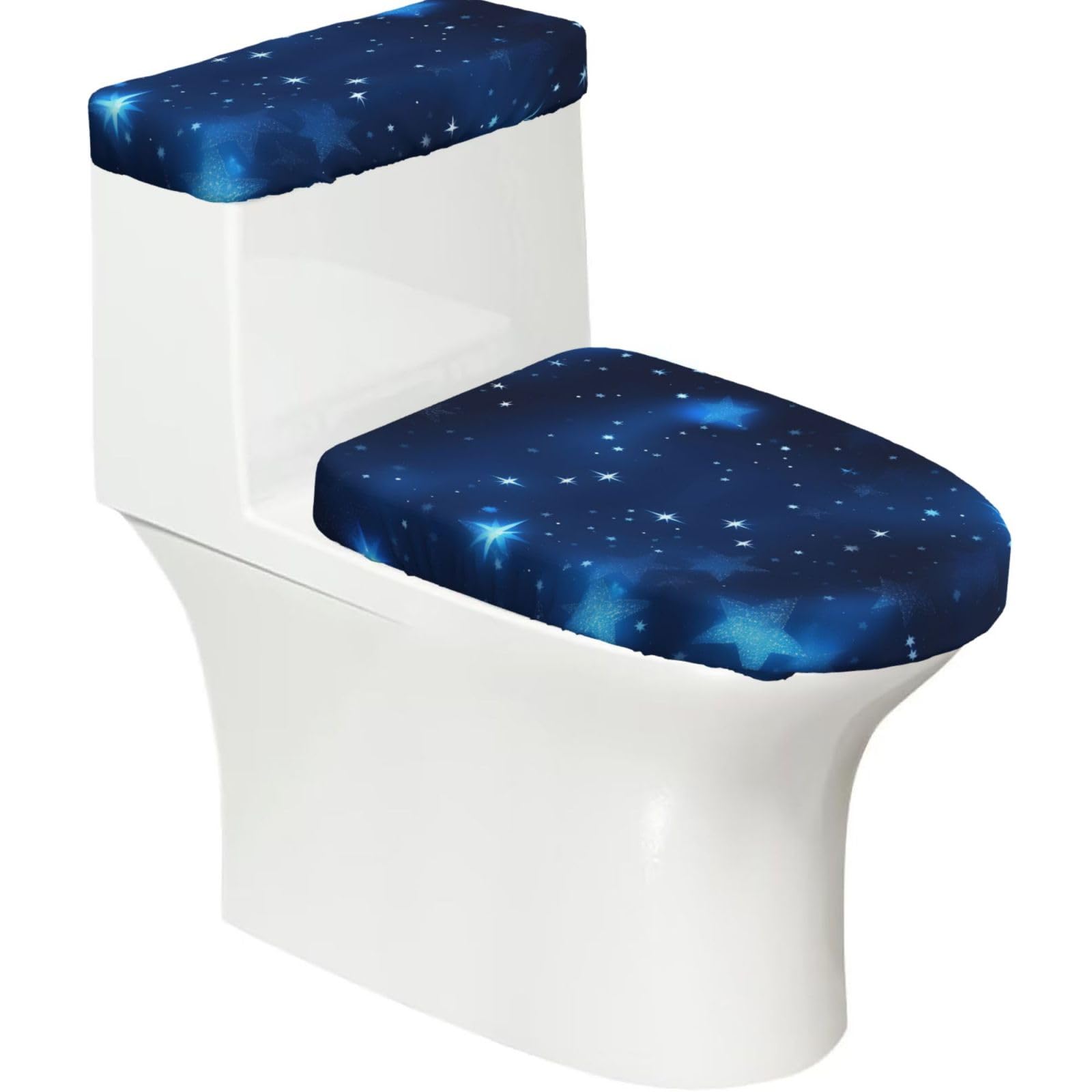 Blue Shining Stars Pattern Printed Toilet Tank and Lid Cover Set of 2 for Most Bathrooms, Fits Elongated Round Toilets