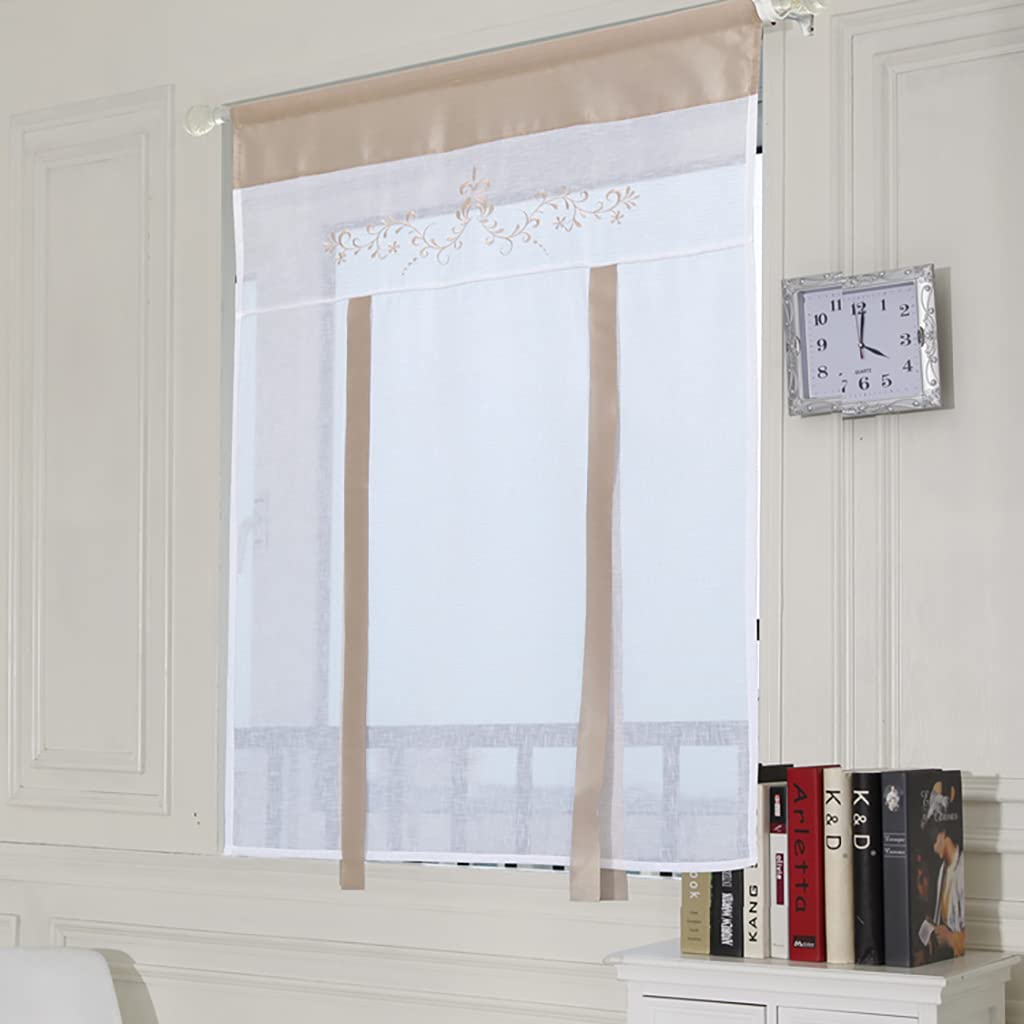 SMITHOOM 1 Panel Roman Curtain Liftable Tie Up Transparent Roman Blind with Solid Stripes Soft Breathable Voile Balloon Shades for Living Room Cafe Kitchen Balcony Bathroom, Light Brown, 31.5x47.2in