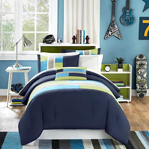 Navy, Teal, Light Green Boys Full Comforter and Shams Set Plus BONUS PILLOW (4 PC Set)