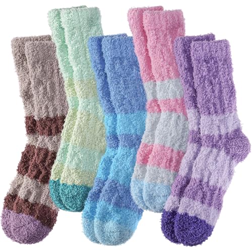 DYW Fuzzy Socks for Women Fluffy Winter Warm Slipper Soft Cozy Home Sleeping Socks 5 Pairs Mix Color A
