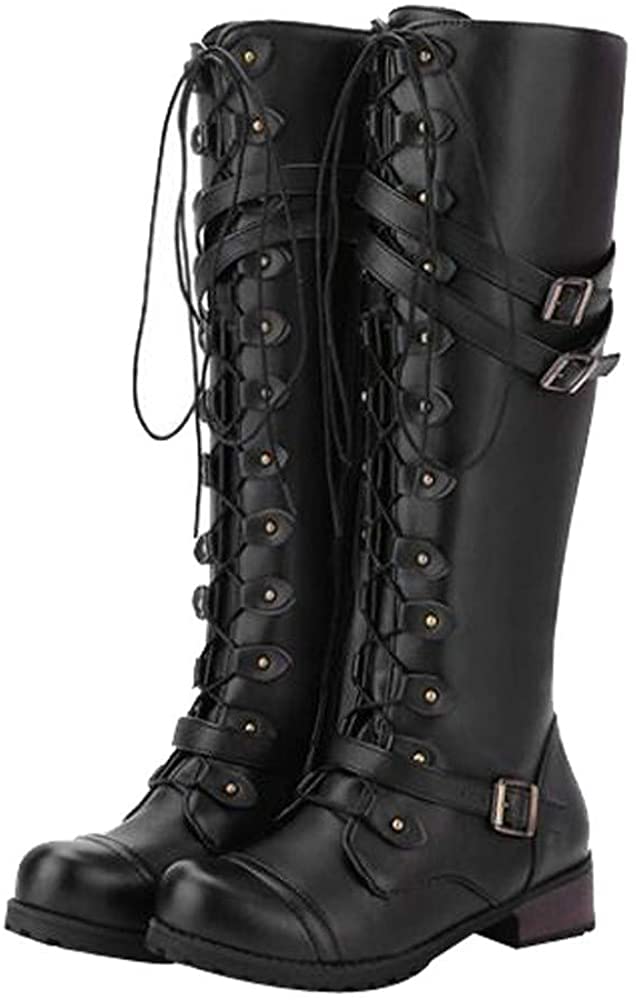 Lchongzhuo Damen Winter Retro Stiefel Steampunk Gothic Vintage Style Punk Schnalle Lace-Up Knie Runde Zehe Schuhe Military Kampfstiefel Damen Flache Leder Lace Up Kniehohe Stiefel (43 EU,Black)