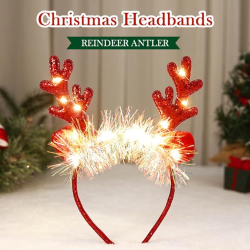 Fashband Christimas Headbands Deer Ears Headband Glitter Headpiece Hair Hoops for adults Christmas(Red) - Image 2