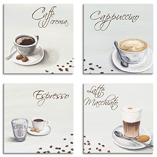 ARTLAND Wanddeko Küchenbilder Leinwand Bilder Set 4 teilig je 30x30 cm Quadratisch Kaffee Bilder Getränke Kaffee Cappuccino Espresso Latte Macchiato A6PT