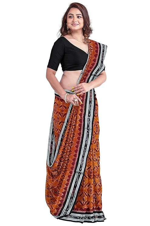 Image of Ikat Women's Cotton Saree, Handmade Pure Cotton Khandua Saree, Ikkat Orissa Traditional Handloom Saree Without Blouse