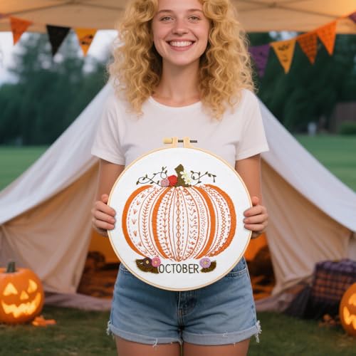 Image of Easy Beginners Embroidery Stitches Practice Kits for Adults, Fall Pumpkin Embroidery Starters Kits for Beginners to Learn 26 Stitches, Autumn Hand Embroidery Set Craft for Women & Video Tutorial