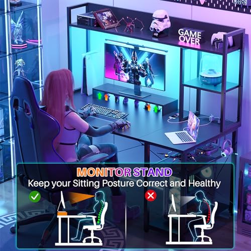 Image of Cyclysio Gaming Desk with Hutch, 47'' Computer Desk with LED Lights & Power Outlets, Home Office Desk with Reversible 5 Tiers Storage Shelves & Monitor Stand, Small Gaming Table for Small Space, Black