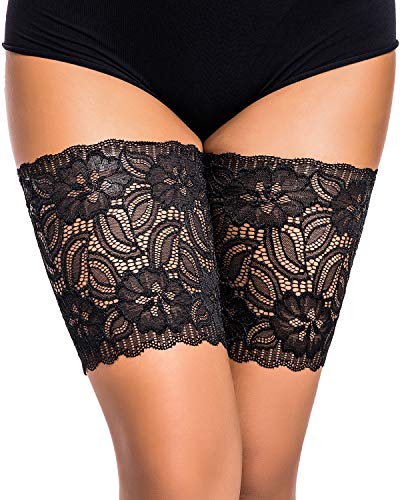 Memoryee Cordón elástico Anti-Rozaduras de Las Mujeres El cordón elástico previene el roce Bandas del Muslo Calcetines Atractivos/Flor Grande - Negro-1 par/M(59-63cm)