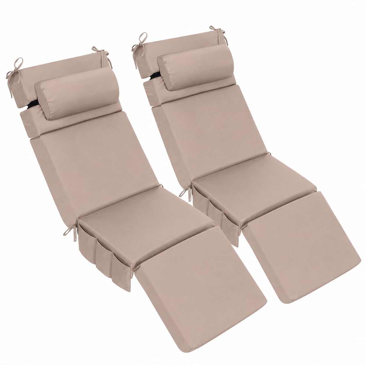TDHLW ,light yellow,2pc, 2 PCS Waterproof Chaise Lounge Chair Cushions, 4" Thick Outdoor Folding Recliner Cushion Pads with Headrest, Side Storage Pockets, Secure Ties for Patio, Poolside, Lawn