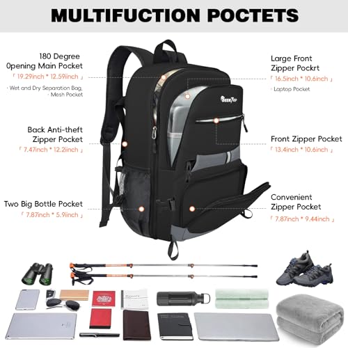 Seektop 40L Hiking Backpack Foldable Daypack for Women Men, Lightweight Travel Backpack Carry on Flight Approved Work Business Leisure Bag (Black)