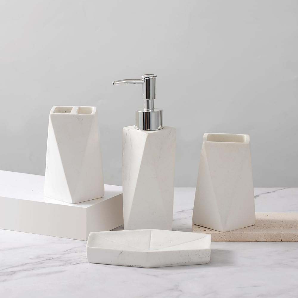 Bathroom Accessory Sets?4 Piece Bathroom Organizer Countertop with Toothbrush Cup,Soap Dispenser,Soap Dish,Tumbler?Imitated Resin Kits Retro Minimalist Style (Prismatic Marble)
