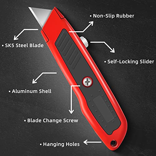 Image of DIYSELF 2 Pack Box Cutter Retractable, Box Opener Tool Exacto Knife, Razor Knife Blade, Aluminum Alloy and Non-slip Rubber Handle, Heavy Duty Utility Knife for Carton, Cardboard and Box (Red)