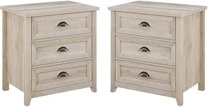Walker Edison Hazel 2-Piece Modern Farmhouse 3 Drawer Framed Nightstand with Half-Moon Handles, Set of 2, White Oak