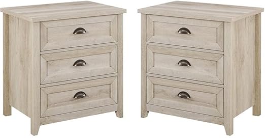 Walker Edison Hazel 2-Piece Modern Farmhouse 3 Drawer Framed Nightstand with Half-Moon Handles, Set of 2, White Oak