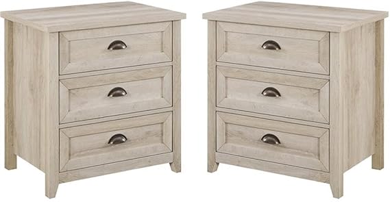 Walker Edison Hazel 2-Piece Modern Farmhouse 3 Drawer Framed Nightstand with Half-Moon Handles, Set of 2, White Oak
